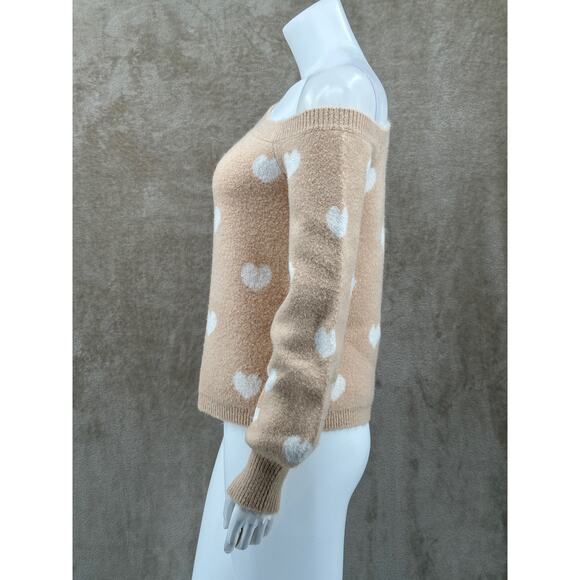 Lovers + Friends Sweater Womens Small Tan Cream Hearts Knit One Shoulder Plush - Picture 4 of 10